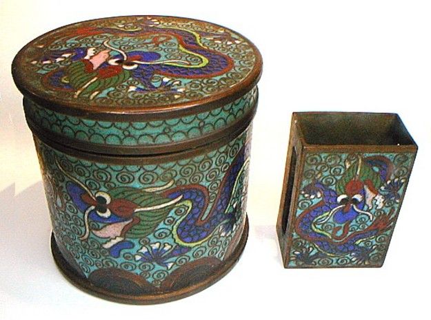 CHINESE ENAMEL CLOISONNE DRAGON BOUDOIR & MATCH BOX SET  