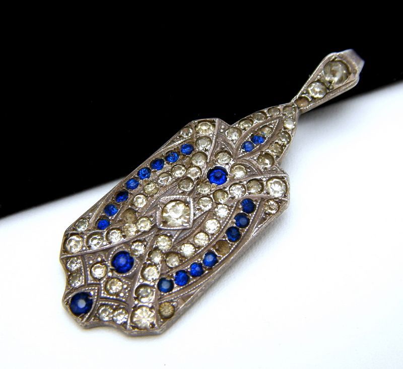 Art Deco Sterling Silver Vintage Pendant Blue Clear Rhinestones As Is 