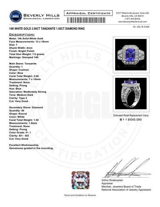 11200 CERTIFIED 14K WHITE GOLD 3.00CT TANZANITE 1.50CT DIAMOND RING 