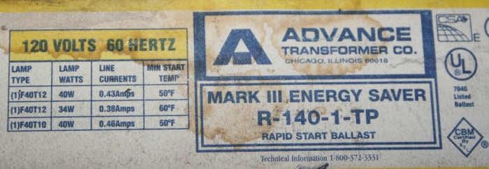 ADVANCE   RAPID START LIGHT BALLAST R140TP R 140 1 TP  