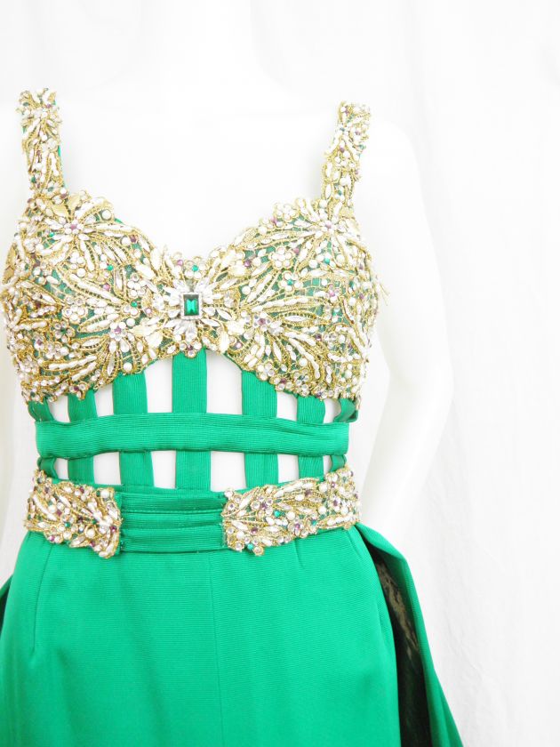 Yoly Munoz Emerald Green Couture Caped Evening Gown  