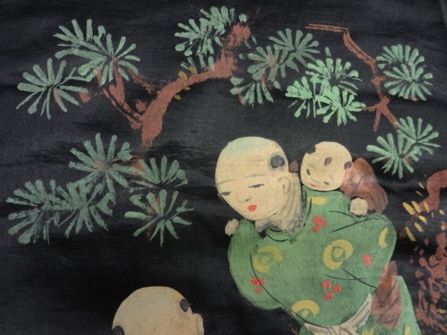 20525# Japanese KIMONO / ANTIQUE RARE SHUSU SILK FABRIC BLACK / HAND 