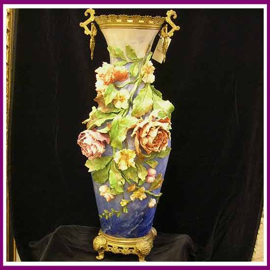 HUGE French Barbotine Vase w/ Applied Roses c1880  