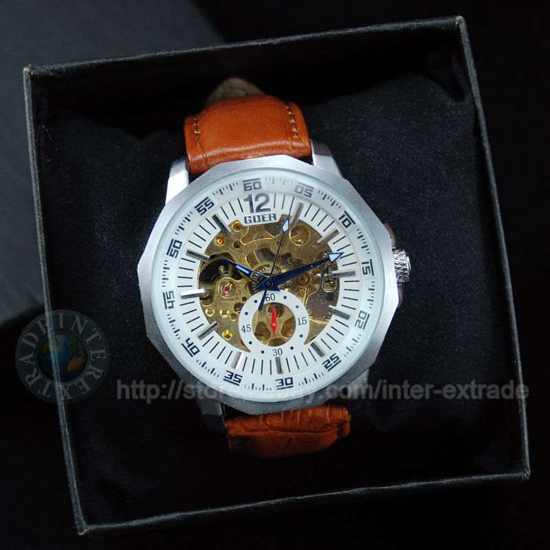 Automatic Men Skeleton Mechanical WristWatch Brown Band  