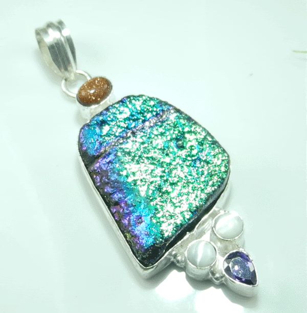 SUN SITARA+TITANIUM+OPAL+AMETHYST SILVER PENDANT 2 1/2; A1679  