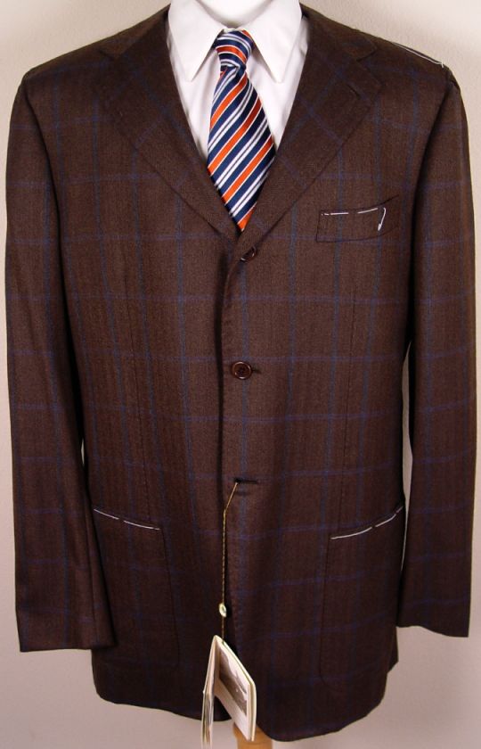 BORRELLI JACKET $5000 BROWN WINDOWPANE 100%CASHMERE HANDMADE COAT 44L 