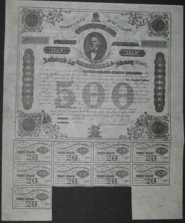 500 Confederate Bond, 1863, C.G. Memminger w/9 coupons  