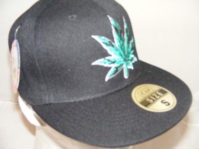 POT LEAF 420 MARIJUNA WEED FITTED HAT FLAT BILL BRIM MD BLACK  