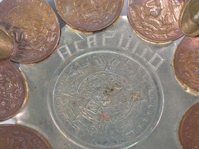 VINTAGE ACAPULCO MEXICAN COIN ASHTRAY AZTEC CALENDAR  