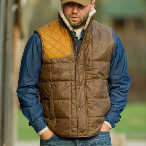 JL Powell Waxed Cotton Canvas Vest with Shearling Collar & Leather 