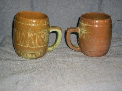 OLD FRANKOMA ADA CLAY BEER BARREL MUG CUP POTTERY GREEN YELLOW SAND 