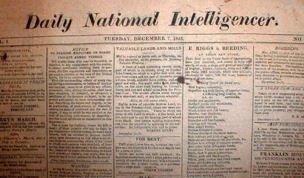   of 1812 newspaper CREEK INDIAN WAR begins in ALABAMA & FLORIDA  