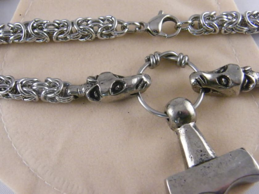 Viking Dragon Chain with Mjolnir Thors Hammer Pewter Pendant   Thor 