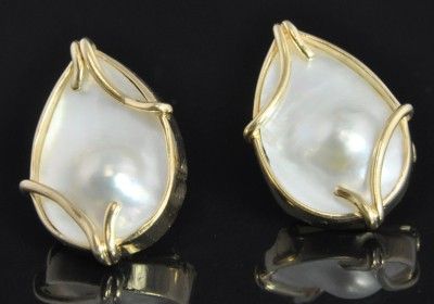   Yellow Gold Mabe Pearl Inlay Bezel Teardrop Post Stud Earrings  