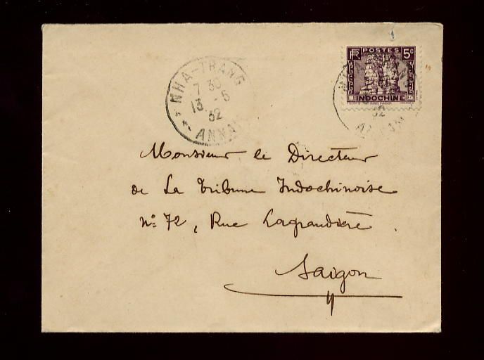 VIETNAM 1932 ANGKOR 5c Solo COVER to SAIGONNHA TRANG  