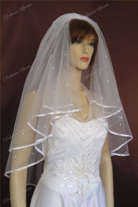 2T Diamond White Elbow Satin Ribbon Rhinestone Veil  