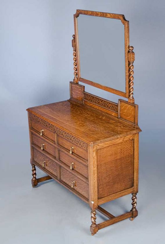 English Oak Antique Dressing Table on Barley Twist Legs