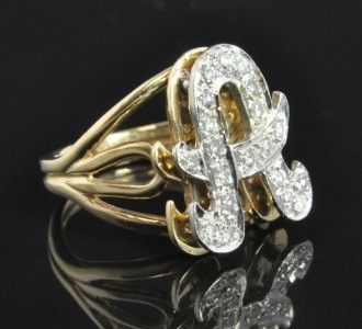   Vintage Two Tone 14K Gold Diamond Pave Letter Inital A Name Ring 6.75