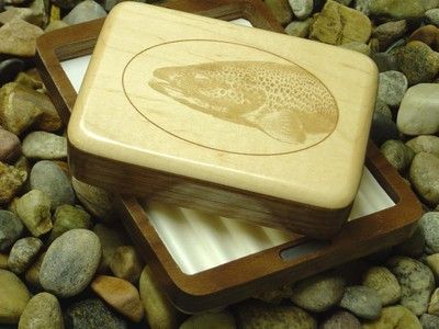 Premium Maple/Walnut Wood Fly Box with Brown Trout  