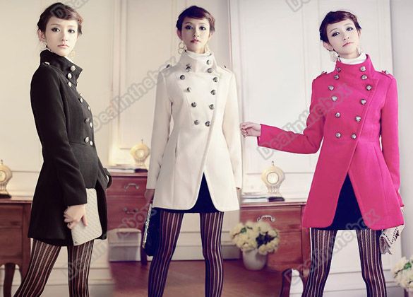 Womens Jacket Military Trench Coat Stand Collar Double Breasted Butto 