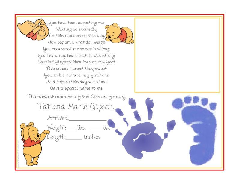 Pooh BABYs FIRST Day Picture Footprint Handprint Gift  