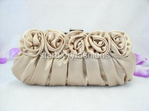 Beige Champagne Rose Pleated Wedding Clutch Rhinestones  