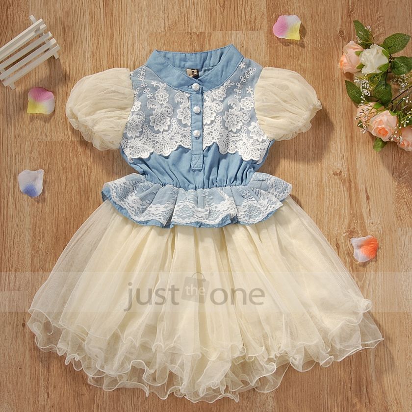   Toddlers Girls white lace fluffy gauze Cowboy Jeans Dress 3 6Y  