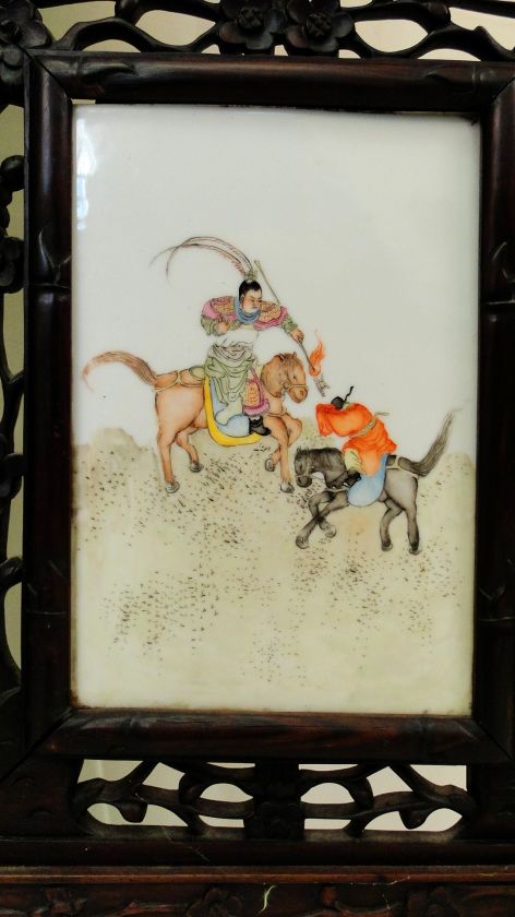 Antique C.1900 Chinese Qing   Republic Hongmu Wood Porcelain Plaque 