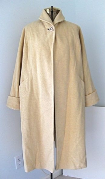 Vtg 50s 60s Mad Men Beige Wool Opera Swing Coat Big Turned Cuffs Wrap 