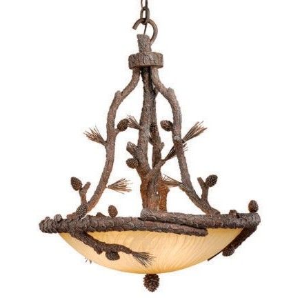 NEW 4 Light Rustic Pine Tree Pendant Lighting Fixture, Amber Glass 