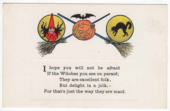 Halloween Postcard Witch JOL Black Cat Bat and Poem  