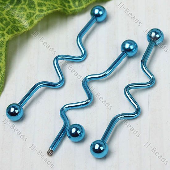 1x Blue Industrial Bar Wave Tongue Ring Body Pierce 14g  