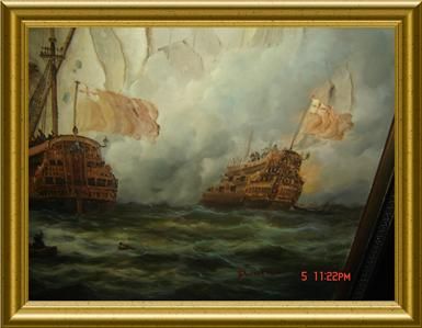 ANTIQUE SIGNED *PONTIER* LARGE GALLEONS PIRATE SHIPS BATTLE IN THE 