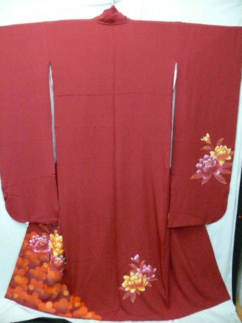 Wine Red Chirimen ji Furisode w/Botan Pttns H51  