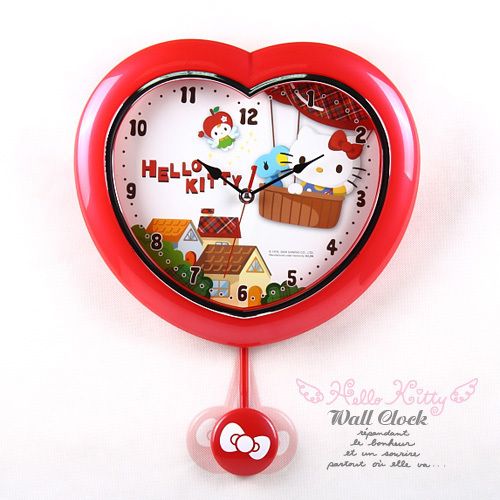 HELLO KITTY HEART SHAPE SWEEP WALL CLOCK WITH PENDULUM  