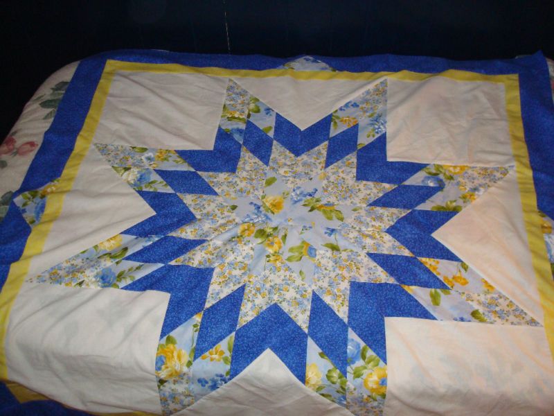 MODA SUMMER BREEZE BLUE & YELLOW ROSE Star Quilt Top  