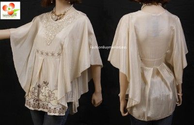 Victorian Renaissance Embroidered Lace Pearl Kimono Batwing Blouse 