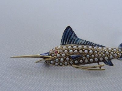 ANTIQUE 14k GOLD & SEA PEARL ENAMEL SWORDFISH PIN MARKED  