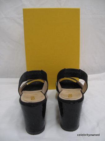 Fendi Black Nylon Slingback Shiny Wood Platforms 38  