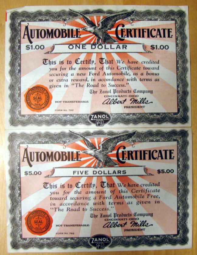 1922 Zanol Ford Motor Co. Automobile Certificates  
