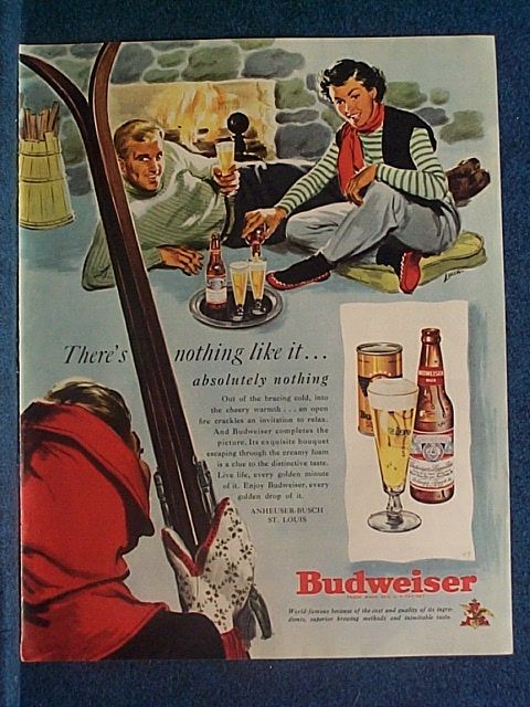 1949 Skiers By Fireplace Enjoy Budweiser~Ad~Skiing  