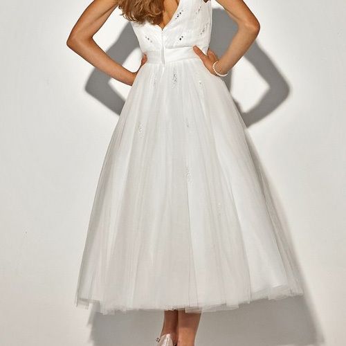   line V neck Organza Tea length Wedding Gowns dress custom siz  