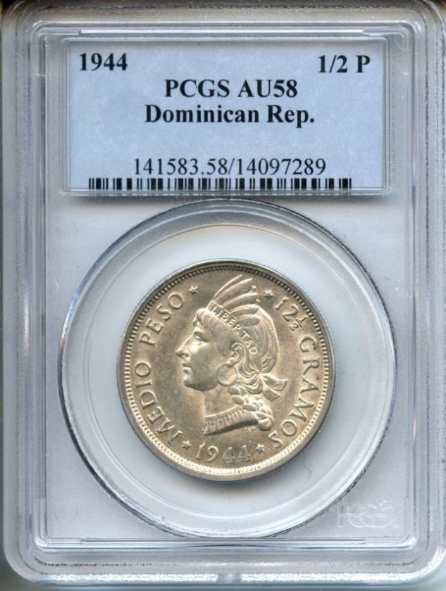   Republic PCGS AU58 1944 Half Peso Medio   Silver Plata Coin   m305