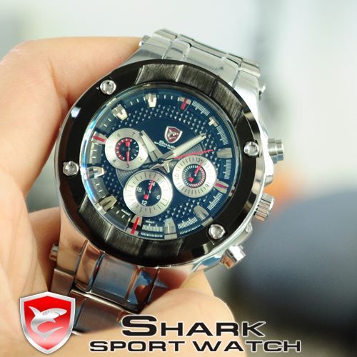 New SHARK 6 Hands Date Day Steel Men Quartz Sport Watch  