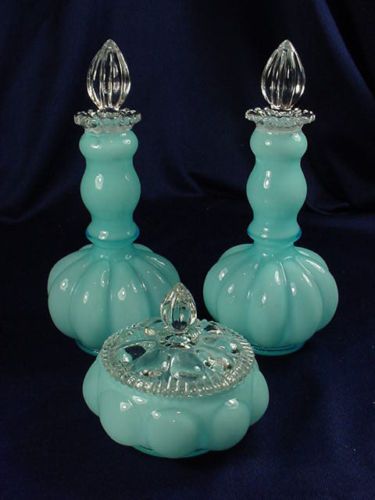 FENTON 3 PC CASED BLUE OPALESCENT DRESSER SET  