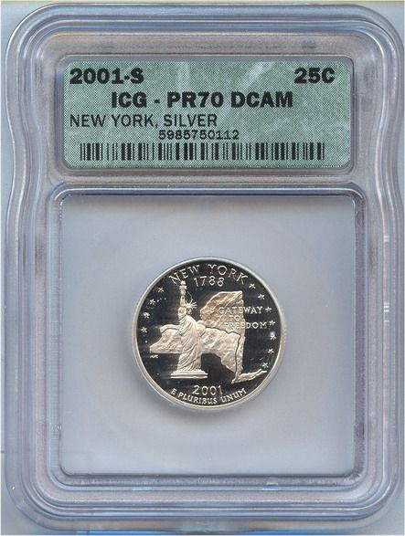 2001 S SILVER NEW YORK QUARTER ICG PR70 DCAM  