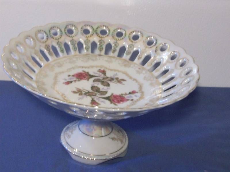 Vintage Betson Japan Pedestal Candy Dish  Moss Rose  