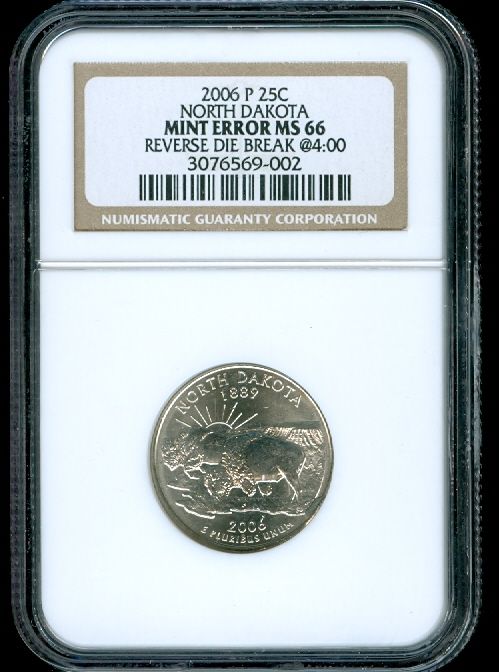 2006 NORTH DAKOTA QUARTER NGC MS66 REVERSE DIE BREAK CUD  