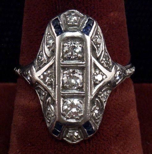 Antique 17 Diamonds 50pts Cocktail Ring & Blue Saph  