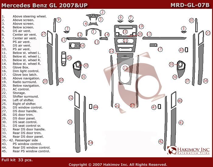 Mercedes GL 07 08 09 Wood Chrome Dash Trim Kit Parts  